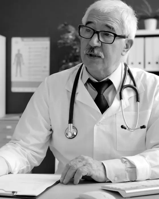 A doctor talking with a patient across his desk